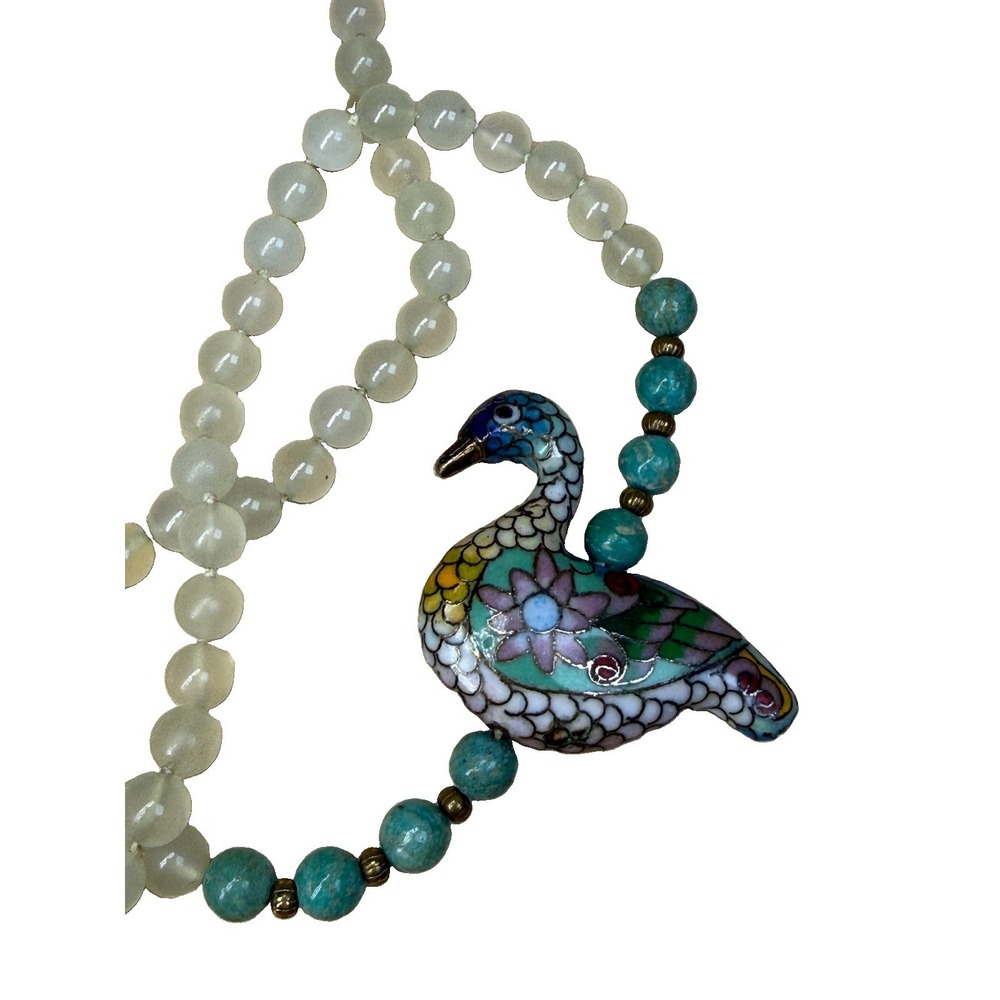 VTG Chinese jade? Cloisonne Brass Enamel Goodluck Goose Bird Pendant Necklace